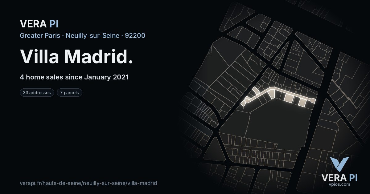 Villa Madrid, Neuilly-sur-Seine at night – every parcel coloured by the prices around it, the street's own parcels lit