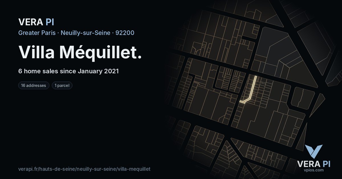 Villa Méquillet, Neuilly-sur-Seine at night – every parcel coloured by the prices around it, the street's own parcels lit