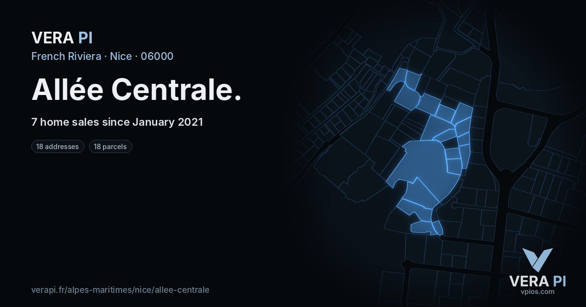 Allée Centrale, Nice at night – every parcel coloured by the prices around it, the street's own parcels lit