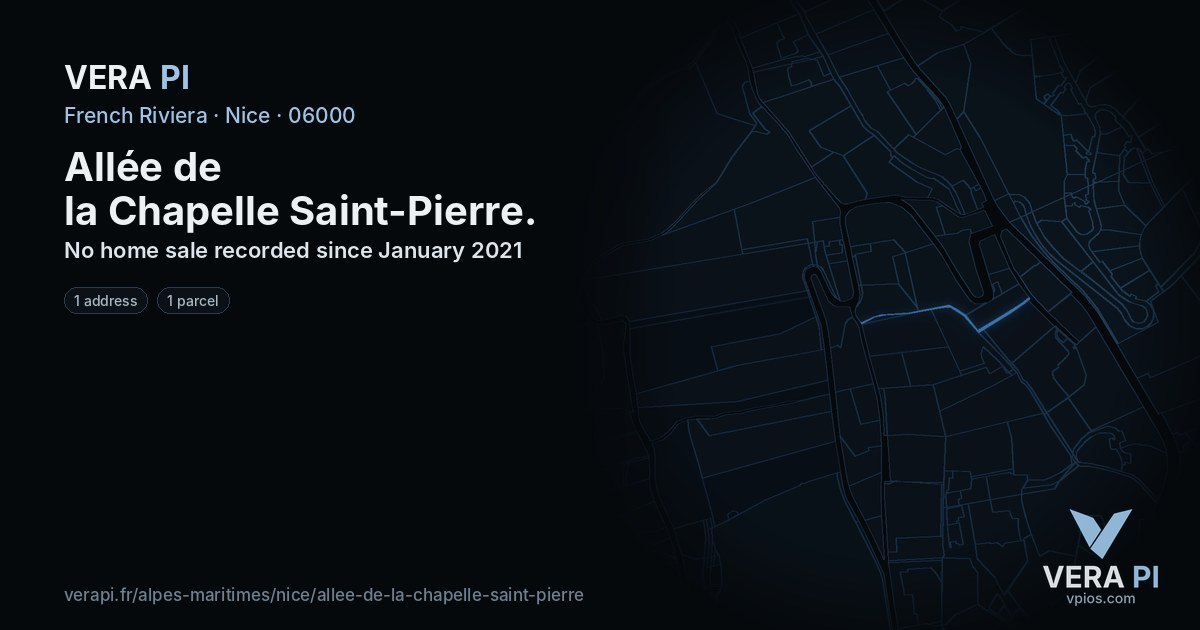 Allée de la Chapelle Saint-Pierre, Nice at night – every parcel coloured by the prices around it, the street's own parcels lit