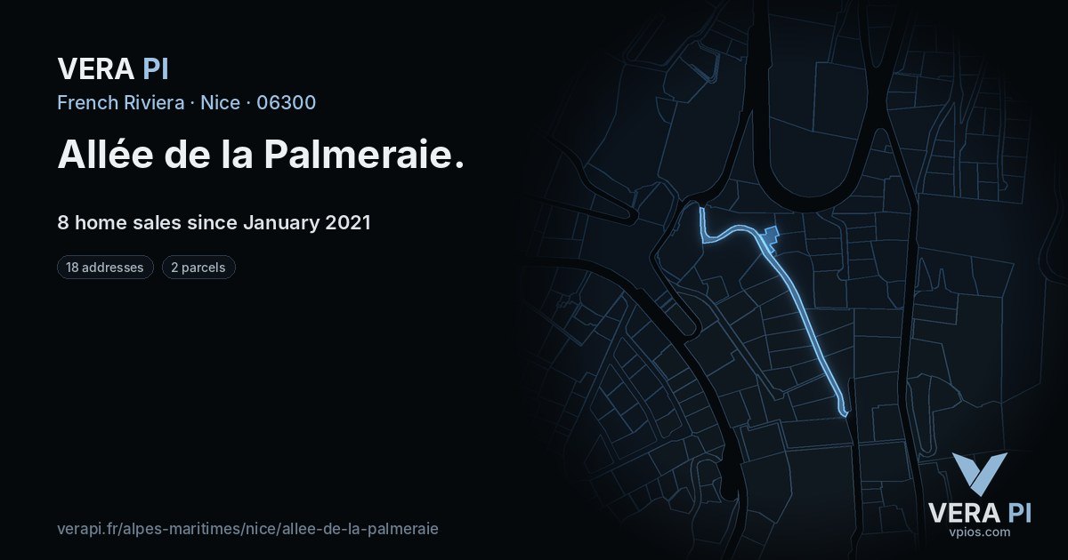 Allée de la Palmeraie, Nice at night – every parcel coloured by the prices around it, the street's own parcels lit