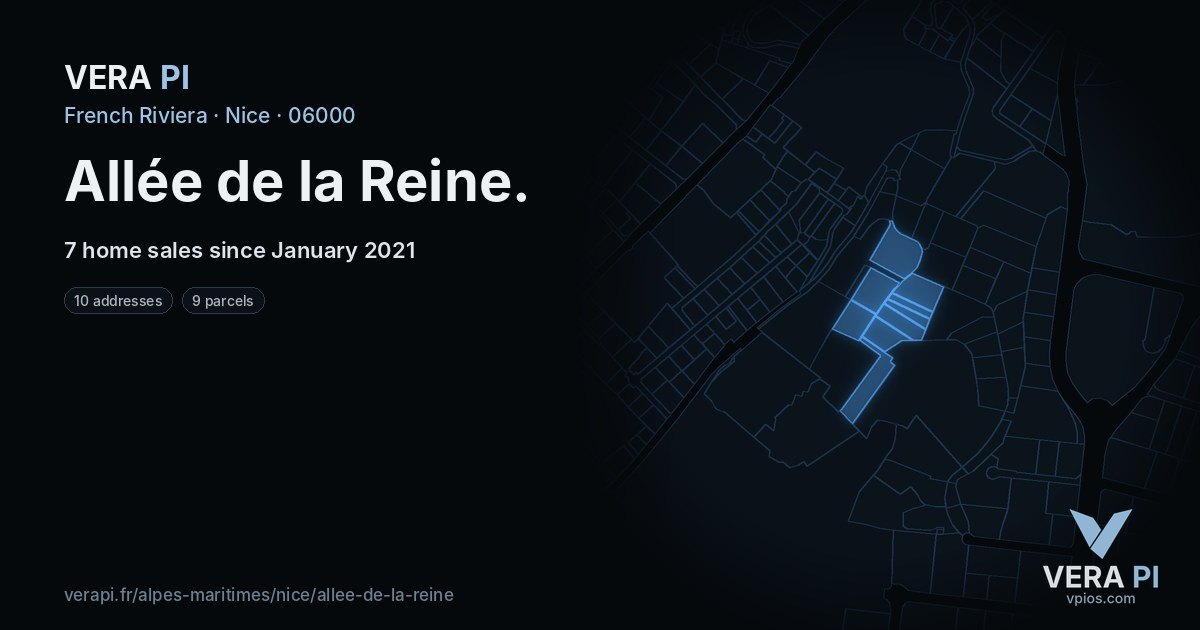 Allée de la Reine, Nice at night – every parcel coloured by the prices around it, the street's own parcels lit