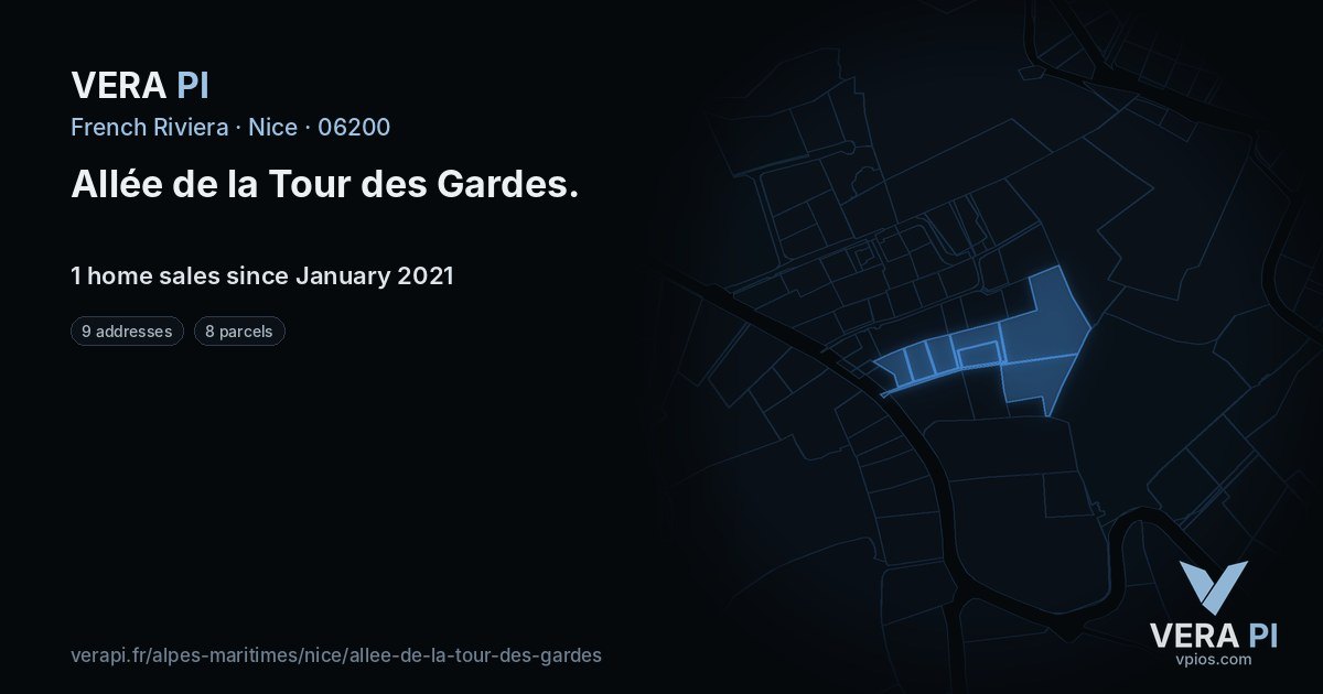 Allée de la Tour des Gardes, Nice at night – every parcel coloured by the prices around it, the street's own parcels lit