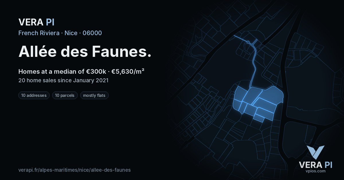 Allée des Faunes, Nice at night – every parcel coloured by the prices around it, the street's own parcels lit