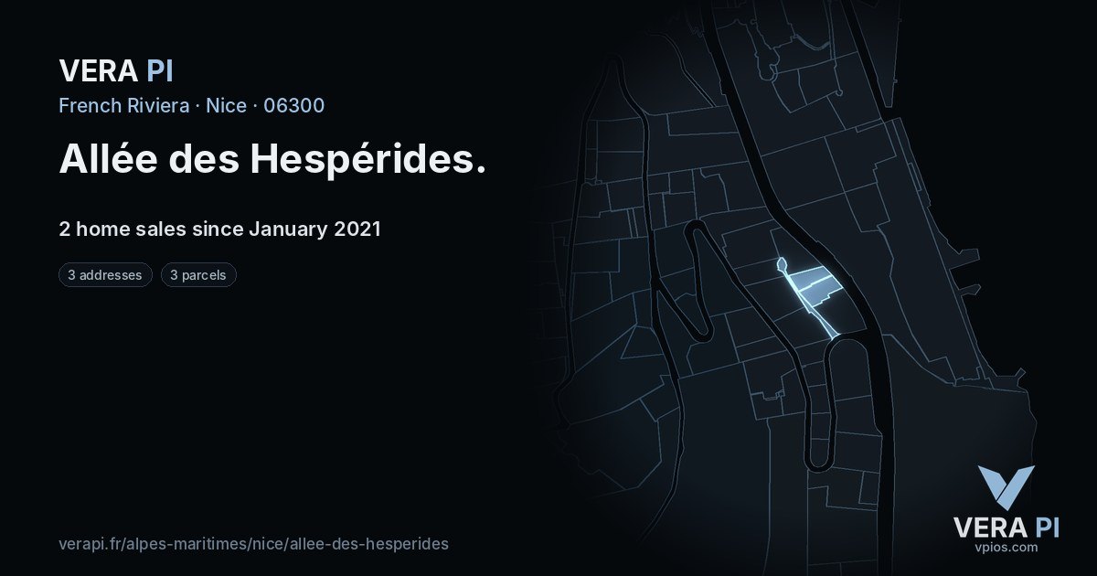 Allée des Hespérides, Nice at night – every parcel coloured by the prices around it, the street's own parcels lit