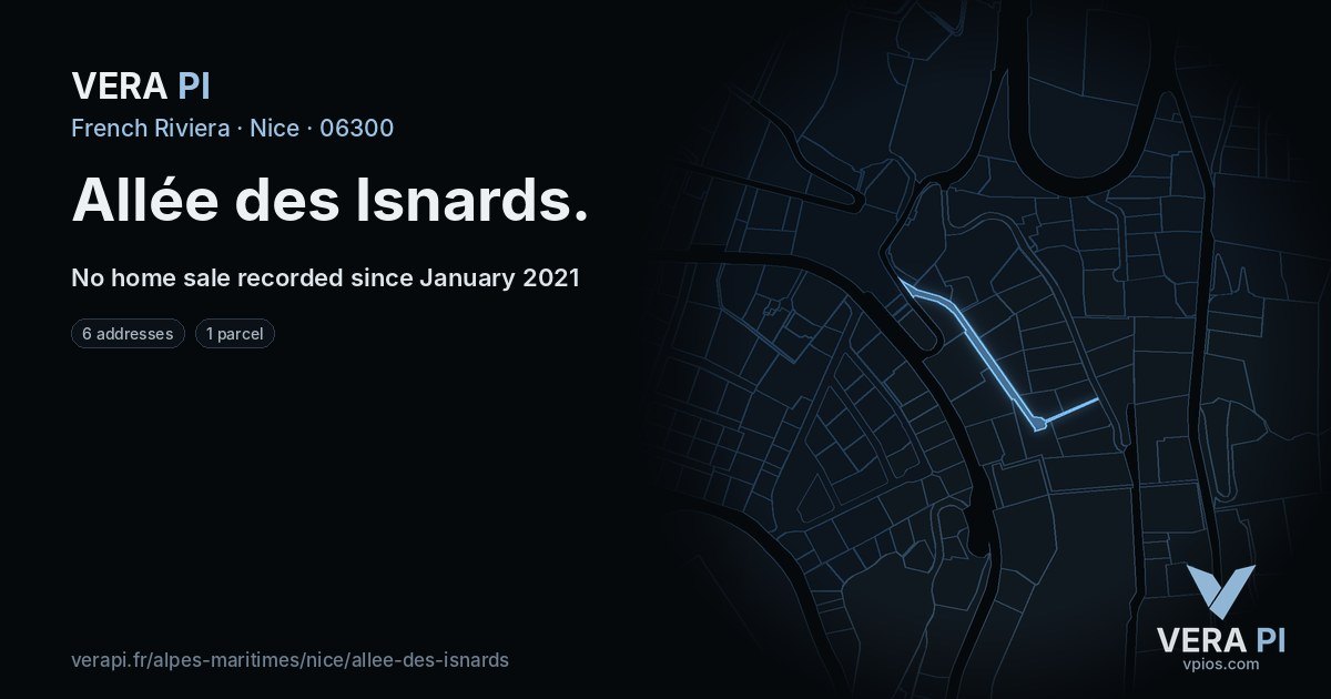 Allée des Isnards, Nice at night – every parcel coloured by the prices around it, the street's own parcels lit