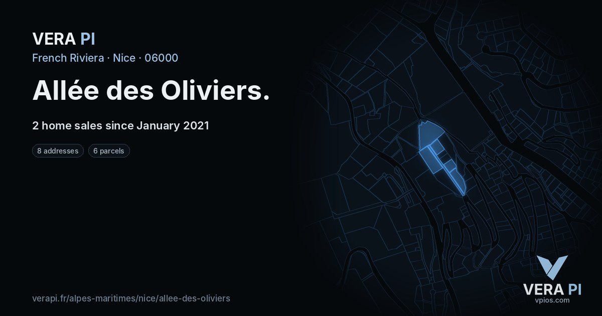 Allée des Oliviers, Nice at night – every parcel coloured by the prices around it, the street's own parcels lit