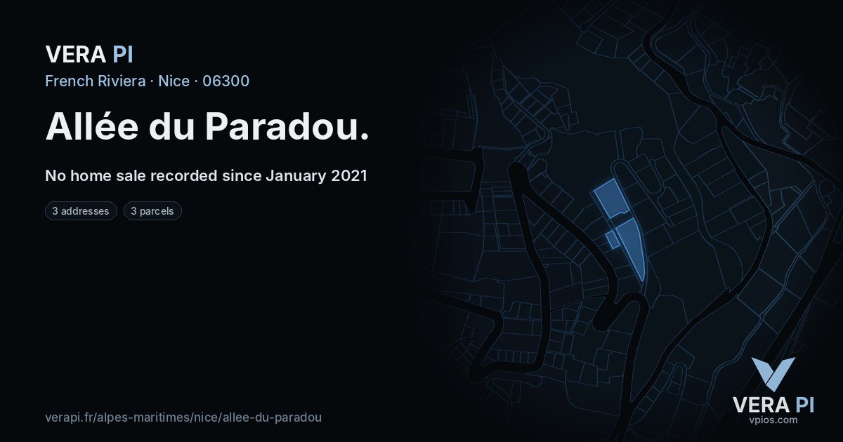 Allée du Paradou, Nice at night – every parcel coloured by the prices around it, the street's own parcels lit