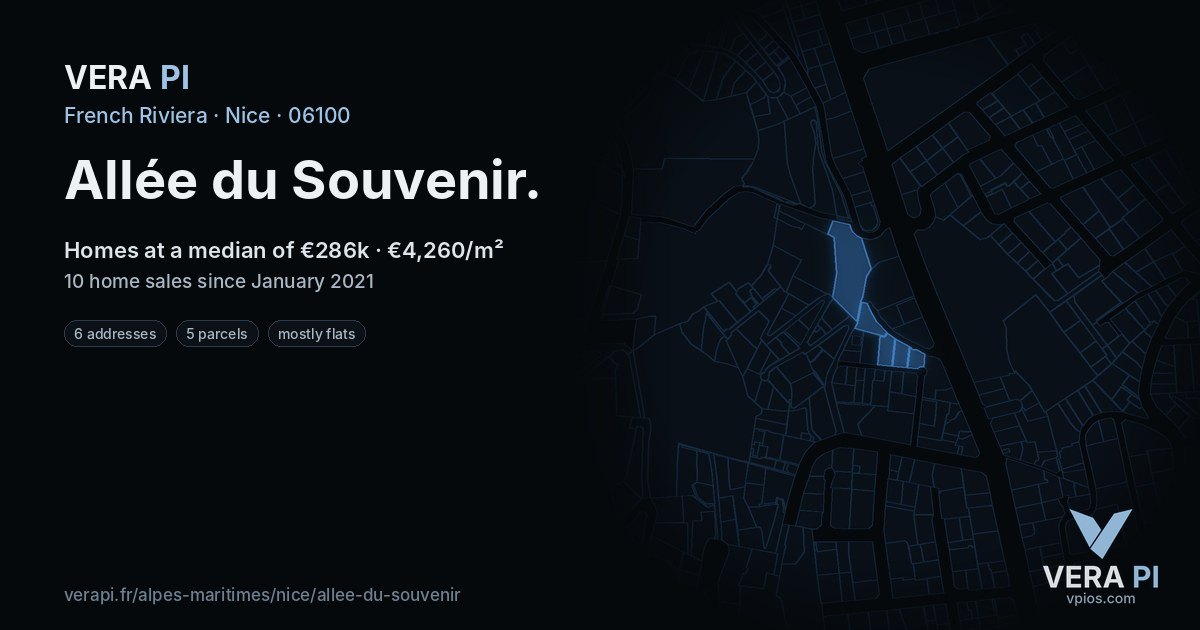 Allée du Souvenir, Nice at night – every parcel coloured by the prices around it, the street's own parcels lit