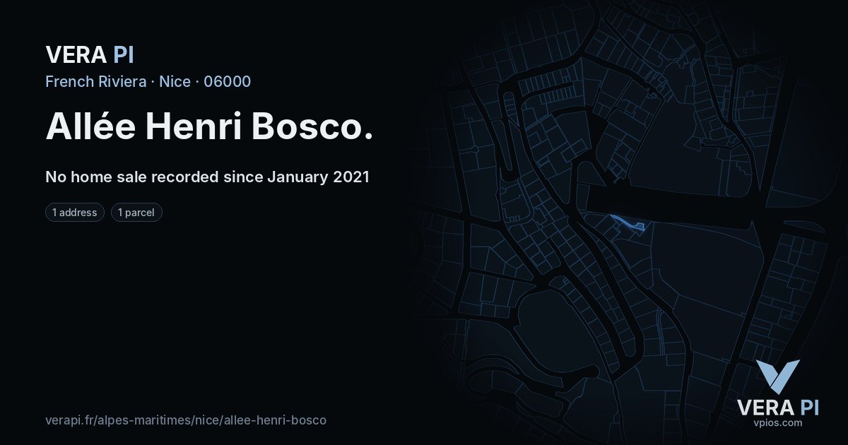 Allée Henri Bosco, Nice at night – every parcel coloured by the prices around it, the street's own parcels lit