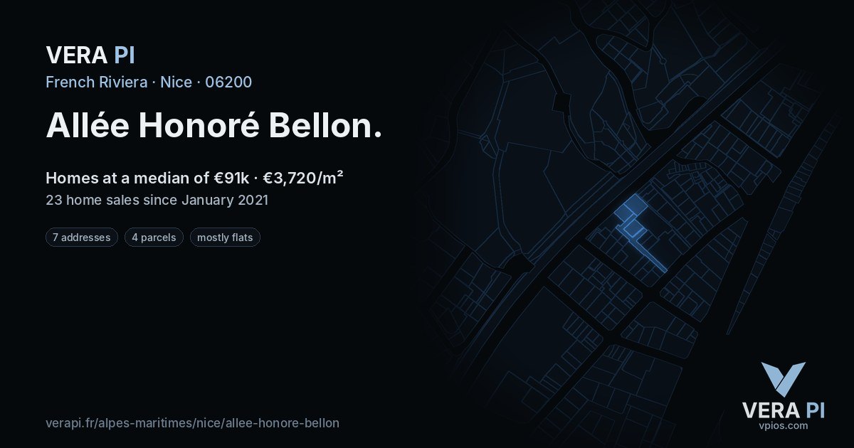 Allée Honoré Bellon, Nice at night – every parcel coloured by the prices around it, the street's own parcels lit