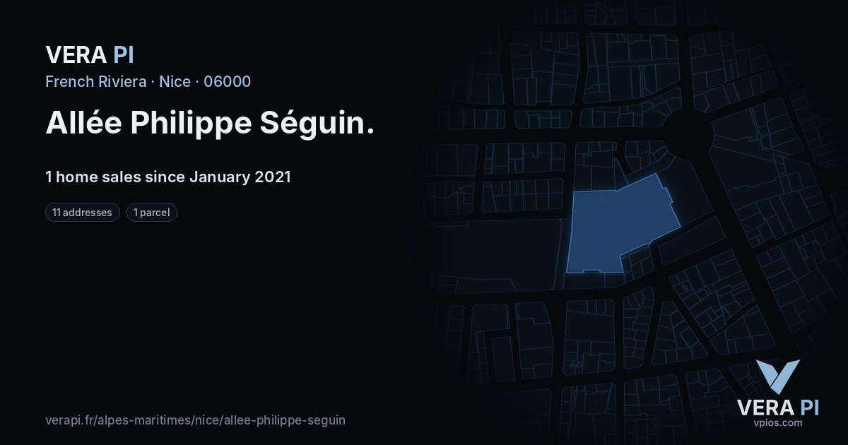 Allée Philippe Séguin, Nice at night – every parcel coloured by the prices around it, the street's own parcels lit