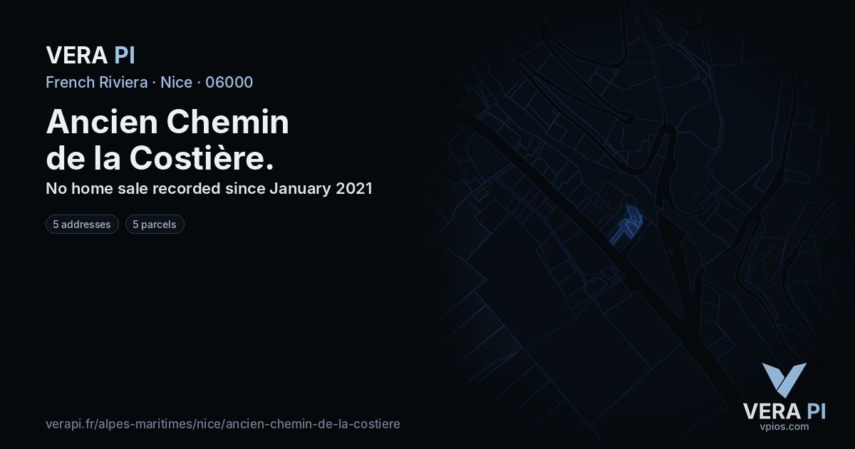 Ancien Chemin de la Costière, Nice at night – every parcel coloured by the prices around it, the street's own parcels lit
