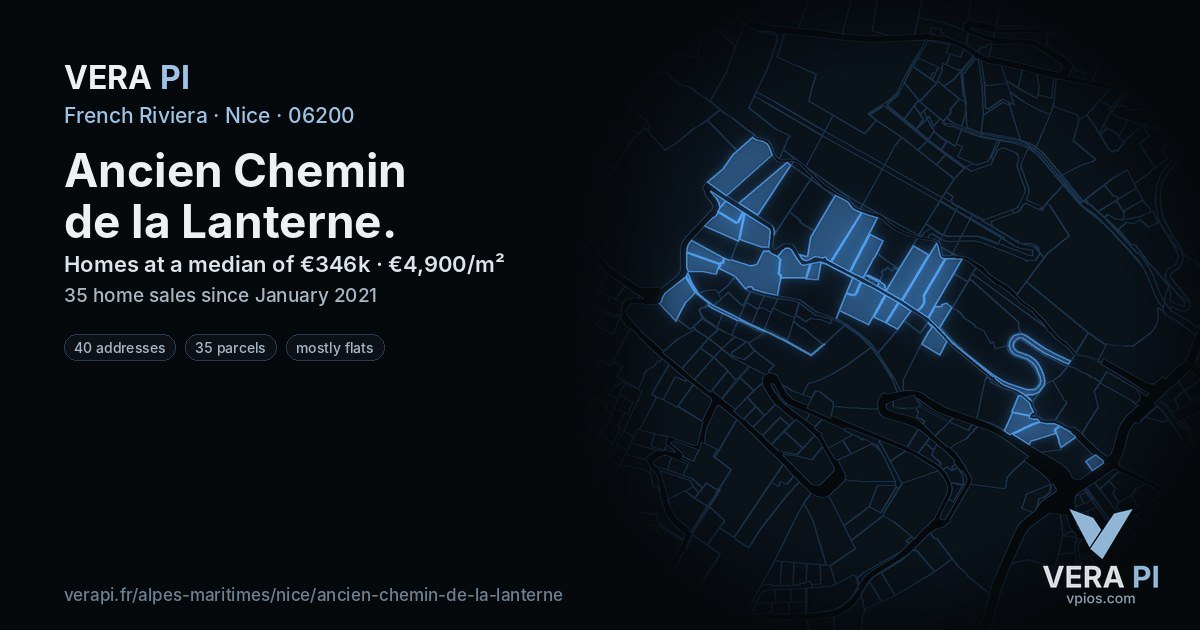 Ancien Chemin de la Lanterne, Nice at night – every parcel coloured by the prices around it, the street's own parcels lit