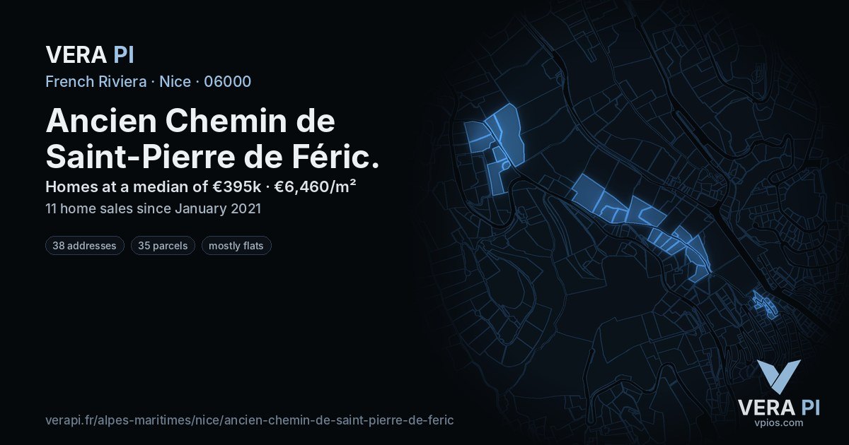 Ancien Chemin de Saint-Pierre de Féric, Nice at night – every parcel coloured by the prices around it, the street's own parcels lit