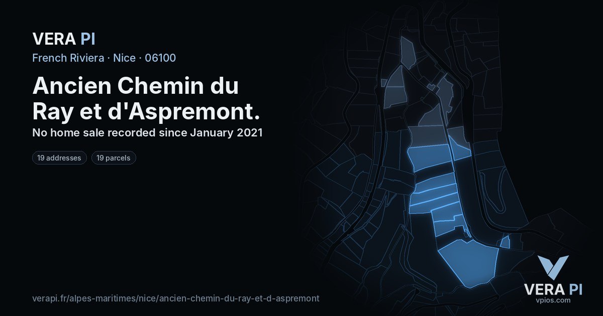 Ancien Chemin du Ray et d'Aspremont, Nice at night – every parcel coloured by the prices around it, the street's own parcels lit