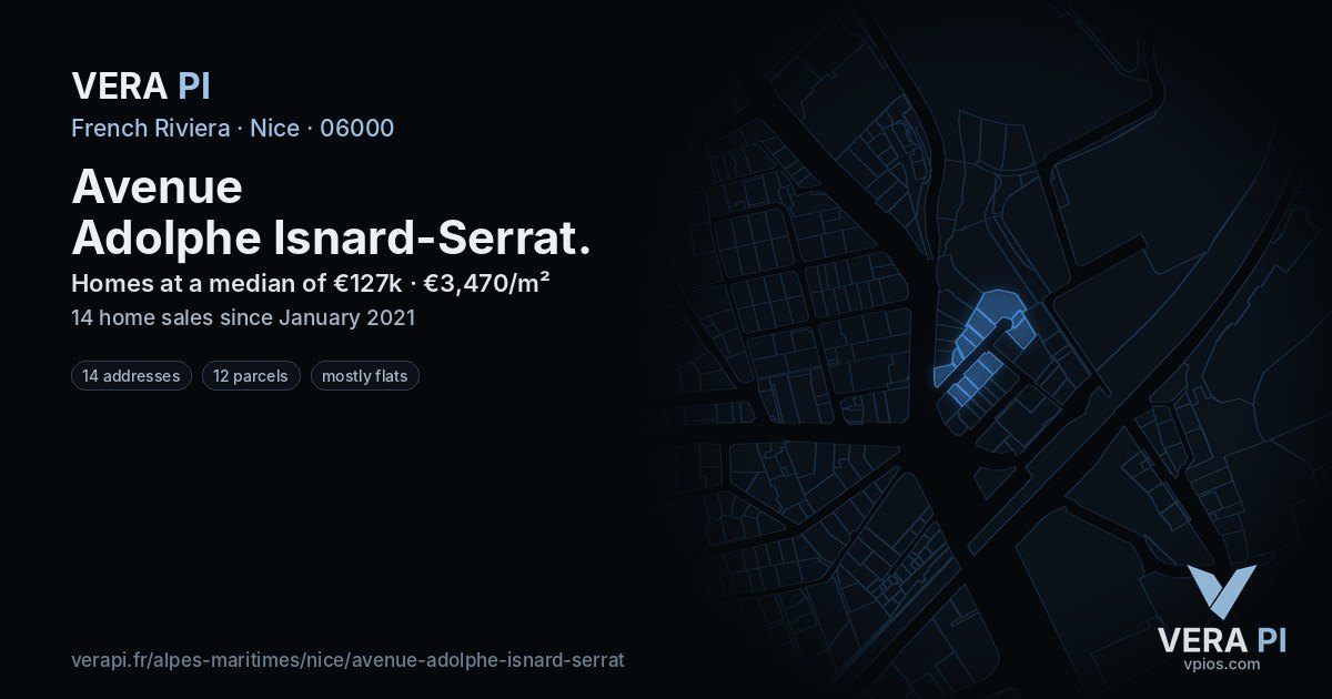 Avenue Adolphe Isnard-Serrat, Nice at night – every parcel coloured by the prices around it, the street's own parcels lit