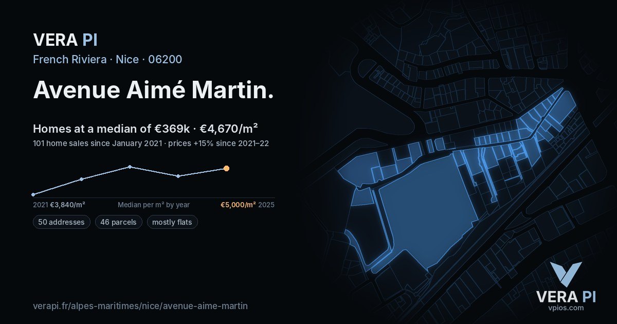 Avenue Aimé Martin, Nice at night – every parcel coloured by the prices around it, the street's own parcels lit