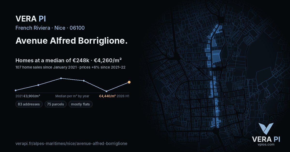Avenue Alfred Borriglione, Nice at night – every parcel coloured by the prices around it, the street's own parcels lit