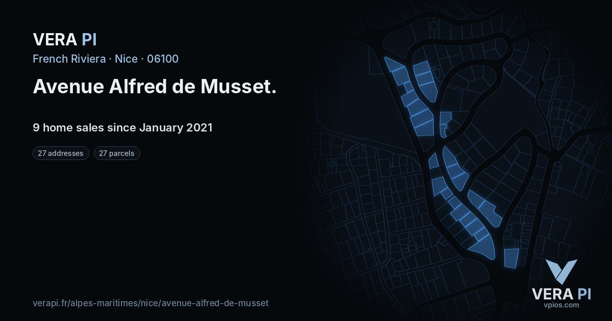 Avenue Alfred de Musset, Nice at night – every parcel coloured by the prices around it, the street's own parcels lit
