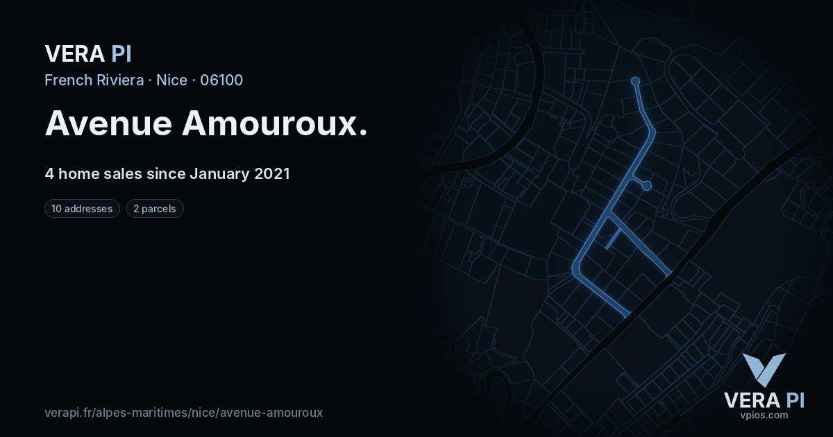 Avenue Amouroux, Nice at night – every parcel coloured by the prices around it, the street's own parcels lit