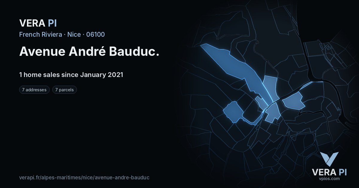 Avenue André Bauduc, Nice at night – every parcel coloured by the prices around it, the street's own parcels lit