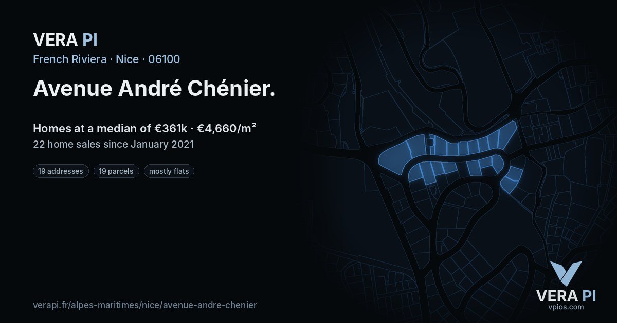 Avenue André Chénier, Nice at night – every parcel coloured by the prices around it, the street's own parcels lit
