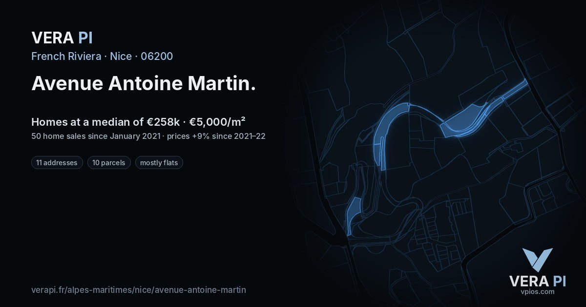 Avenue Antoine Martin, Nice at night – every parcel coloured by the prices around it, the street's own parcels lit