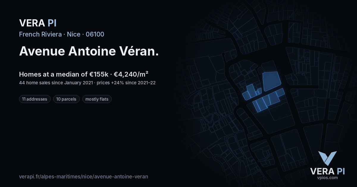 Avenue Antoine Véran, Nice at night – every parcel coloured by the prices around it, the street's own parcels lit