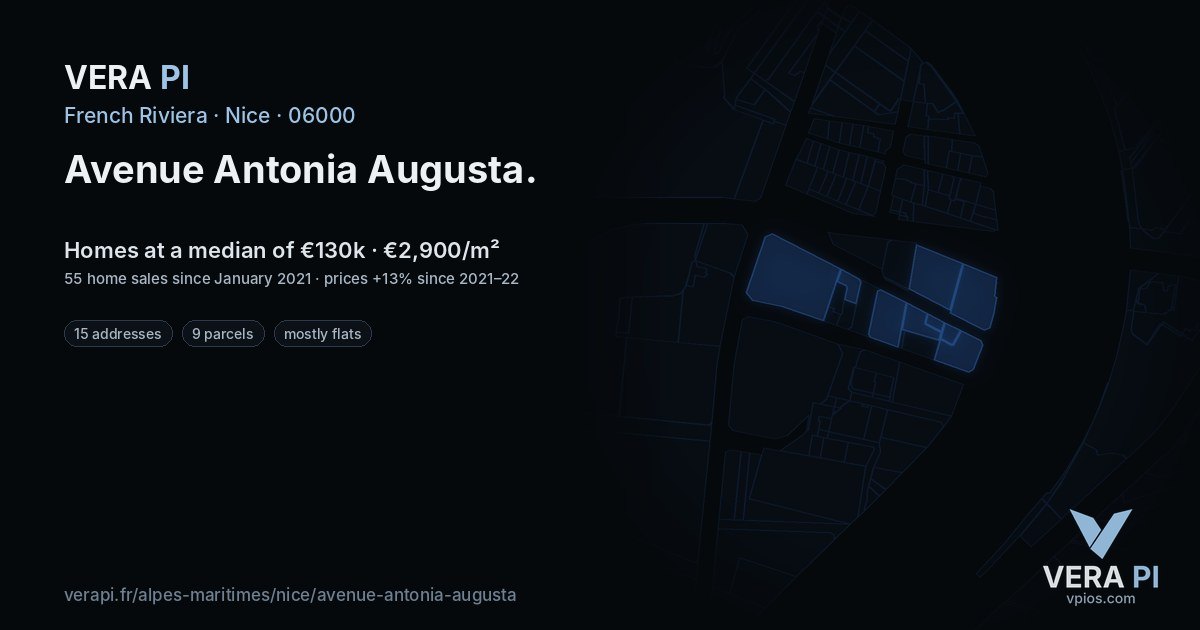 Avenue Antonia Augusta, Nice at night – every parcel coloured by the prices around it, the street's own parcels lit