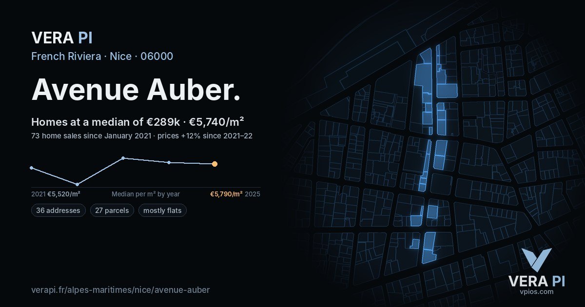 Avenue Auber, Nice at night – every parcel coloured by the prices around it, the street's own parcels lit