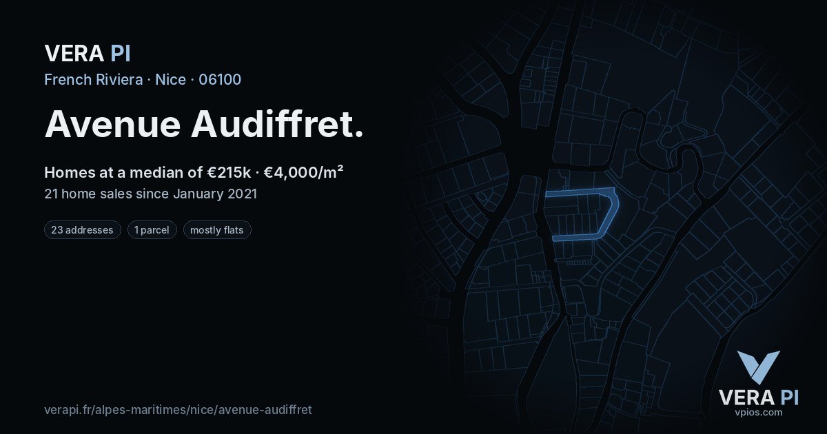 Avenue Audiffret, Nice at night – every parcel coloured by the prices around it, the street's own parcels lit