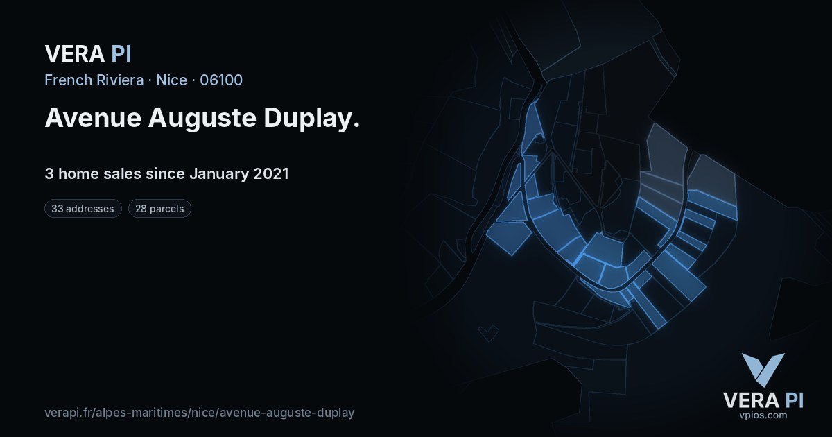 Avenue Auguste Duplay, Nice at night – every parcel coloured by the prices around it, the street's own parcels lit