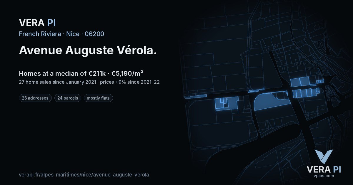 Avenue Auguste Vérola, Nice at night – every parcel coloured by the prices around it, the street's own parcels lit