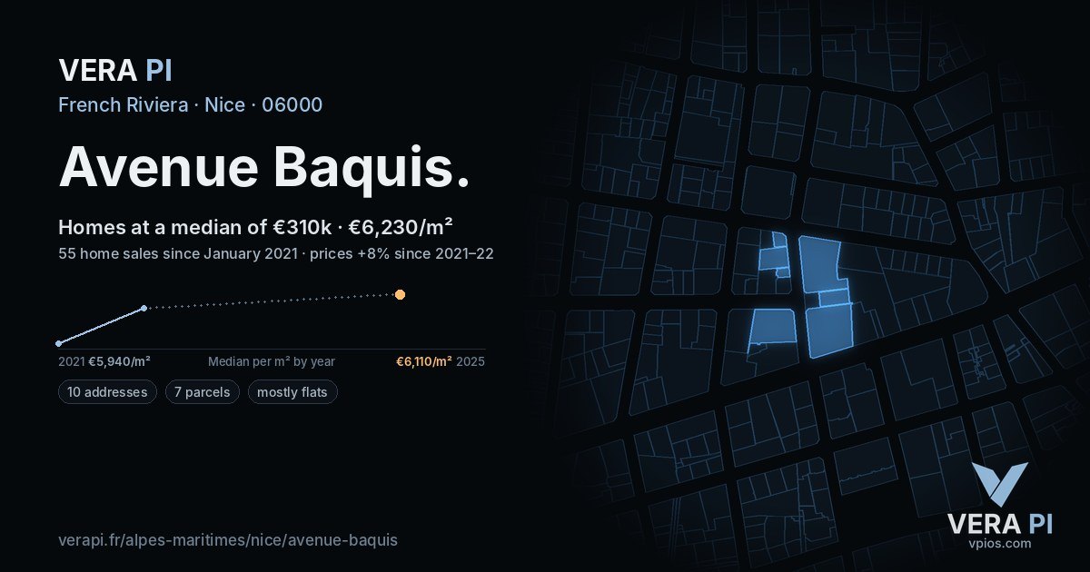 Avenue Baquis, Nice at night – every parcel coloured by the prices around it, the street's own parcels lit