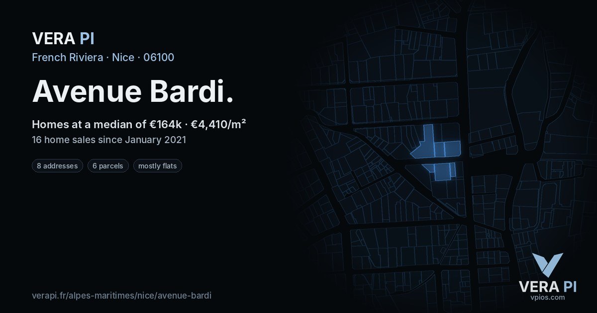 Avenue Bardi, Nice at night – every parcel coloured by the prices around it, the street's own parcels lit