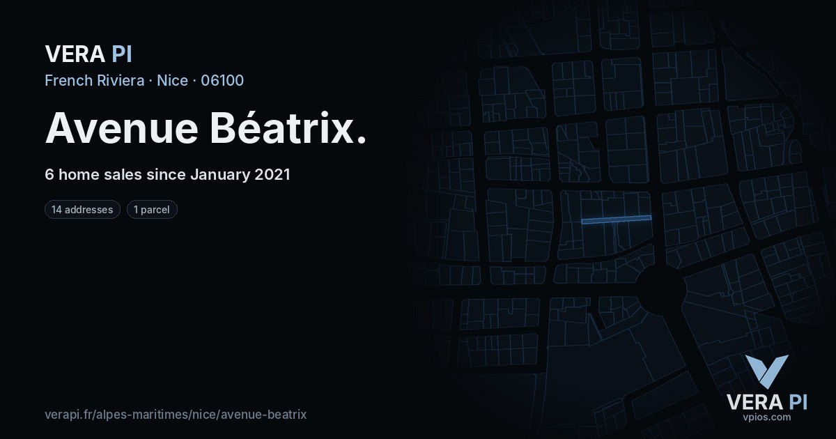 Avenue Béatrix, Nice at night – every parcel coloured by the prices around it, the street's own parcels lit