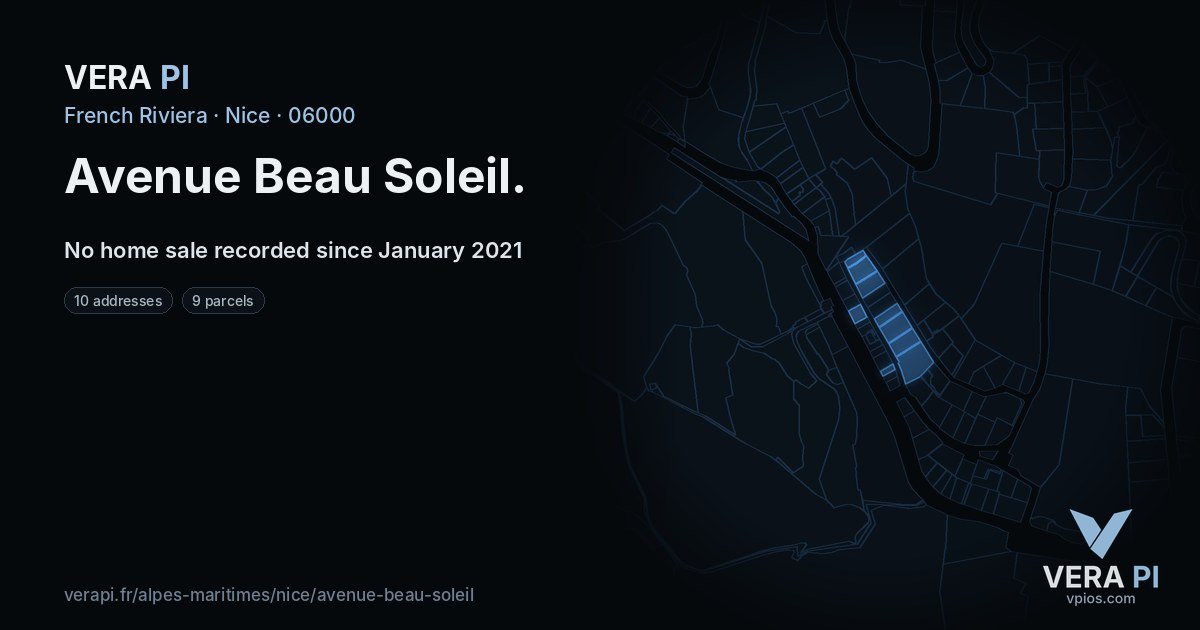 Avenue Beau Soleil, Nice at night – every parcel coloured by the prices around it, the street's own parcels lit