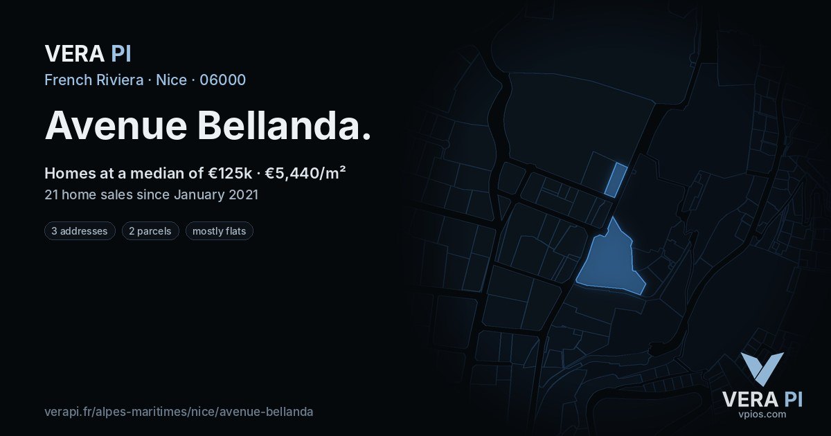 Avenue Bellanda, Nice at night – every parcel coloured by the prices around it, the street's own parcels lit
