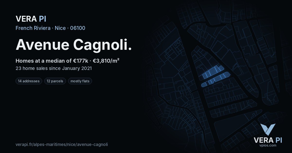 Avenue Cagnoli, Nice at night – every parcel coloured by the prices around it, the street's own parcels lit