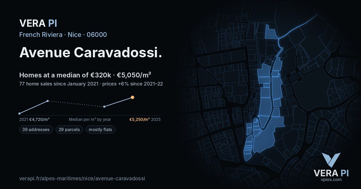Avenue Caravadossi, Nice at night – every parcel coloured by the prices around it, the street's own parcels lit