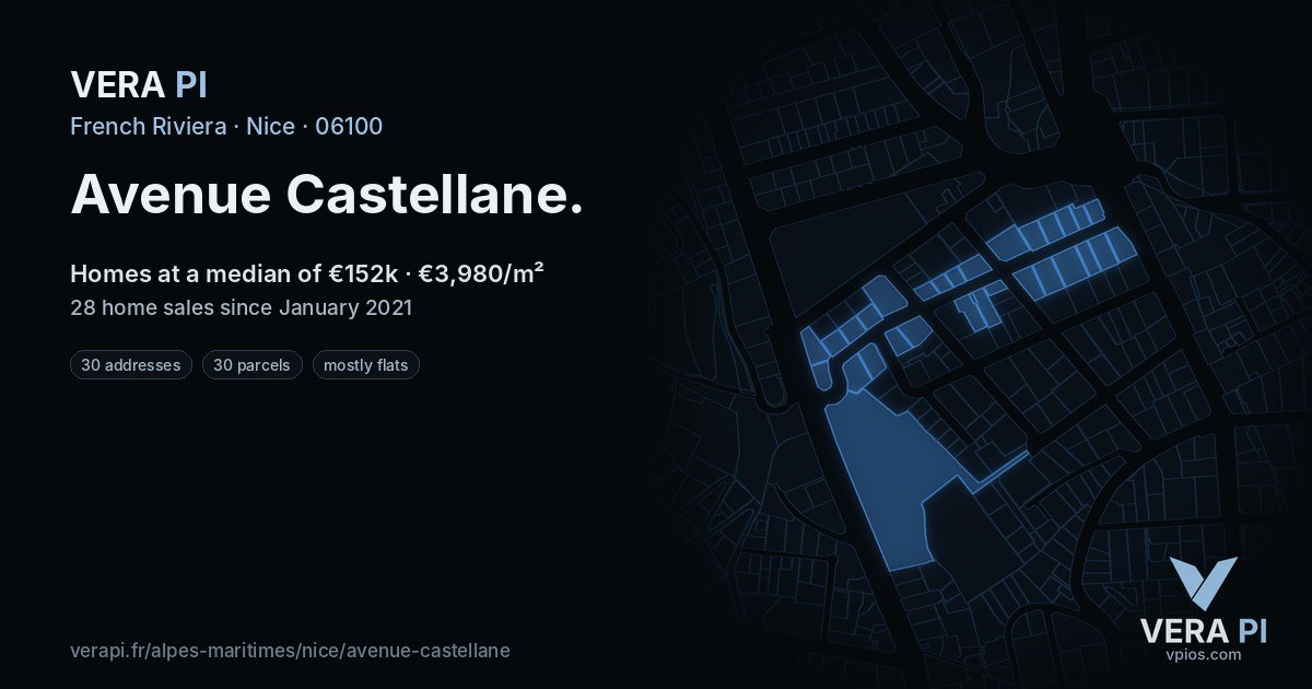 Avenue Castellane, Nice at night – every parcel coloured by the prices around it, the street's own parcels lit