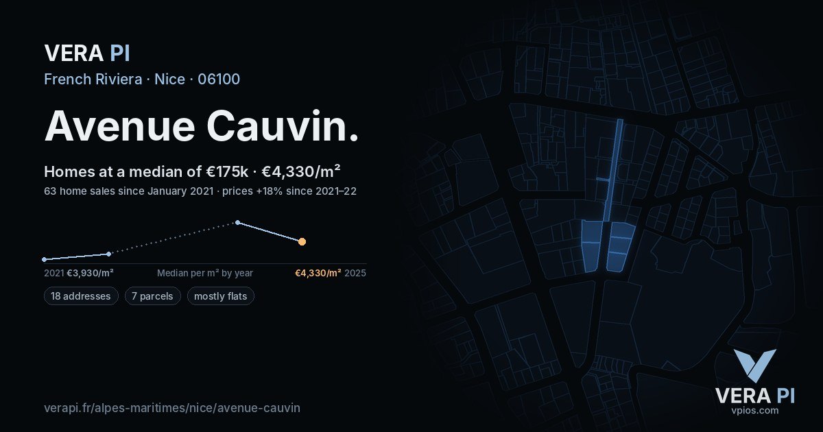 Avenue Cauvin, Nice at night – every parcel coloured by the prices around it, the street's own parcels lit