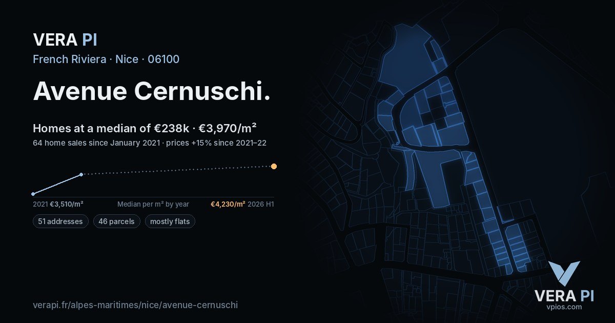 Avenue Cernuschi, Nice at night – every parcel coloured by the prices around it, the street's own parcels lit