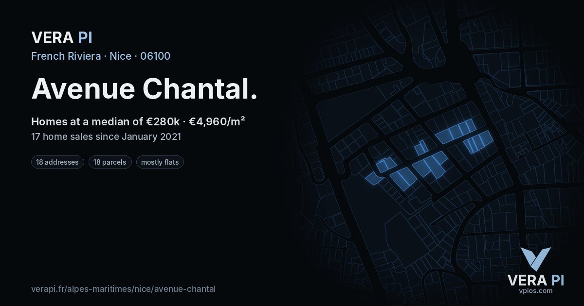 Avenue Chantal, Nice at night – every parcel coloured by the prices around it, the street's own parcels lit