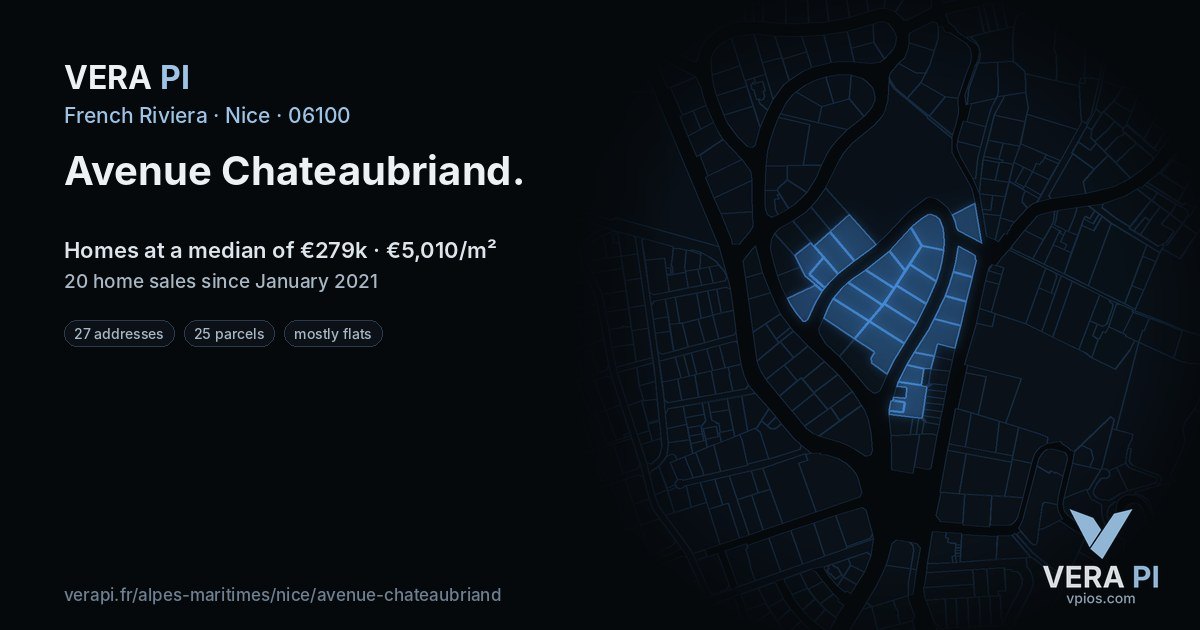Avenue Chateaubriand, Nice at night – every parcel coloured by the prices around it, the street's own parcels lit