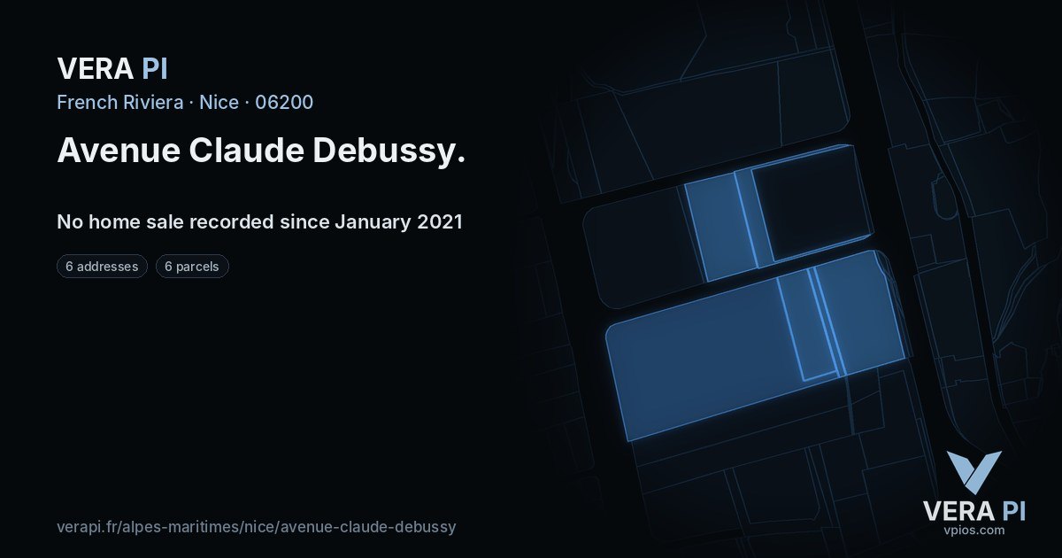 Avenue Claude Debussy, Nice at night – every parcel coloured by the prices around it, the street's own parcels lit