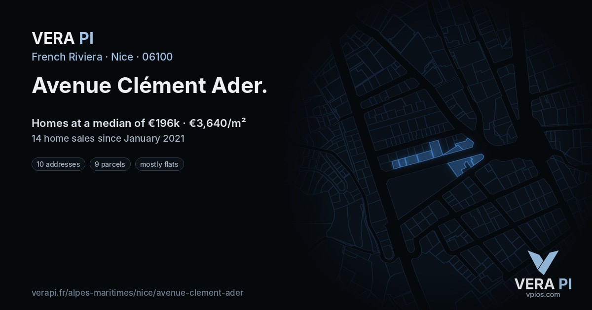 Avenue Clément Ader, Nice at night – every parcel coloured by the prices around it, the street's own parcels lit