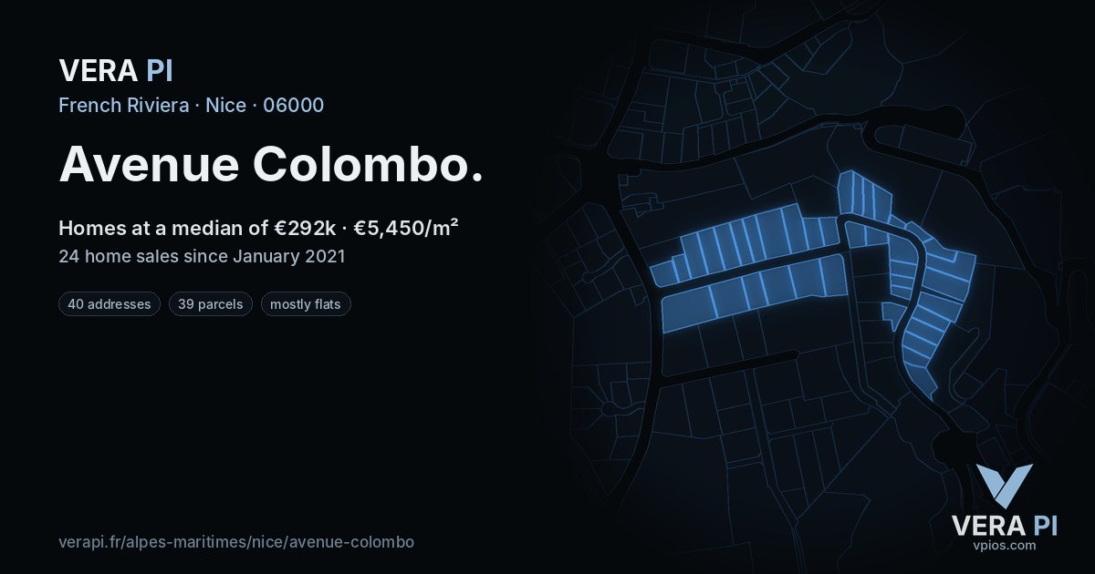 Avenue Colombo, Nice at night – every parcel coloured by the prices around it, the street's own parcels lit