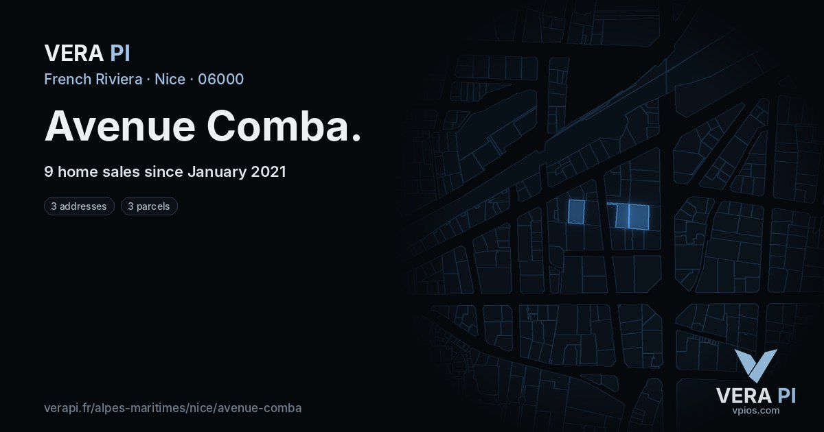 Avenue Comba, Nice at night – every parcel coloured by the prices around it, the street's own parcels lit